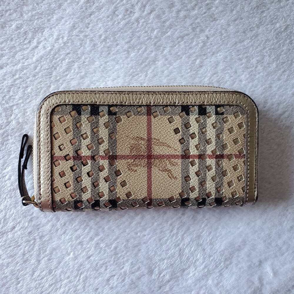 Burberry Haymarket Check & Leather Cutout Zip Around Wallet